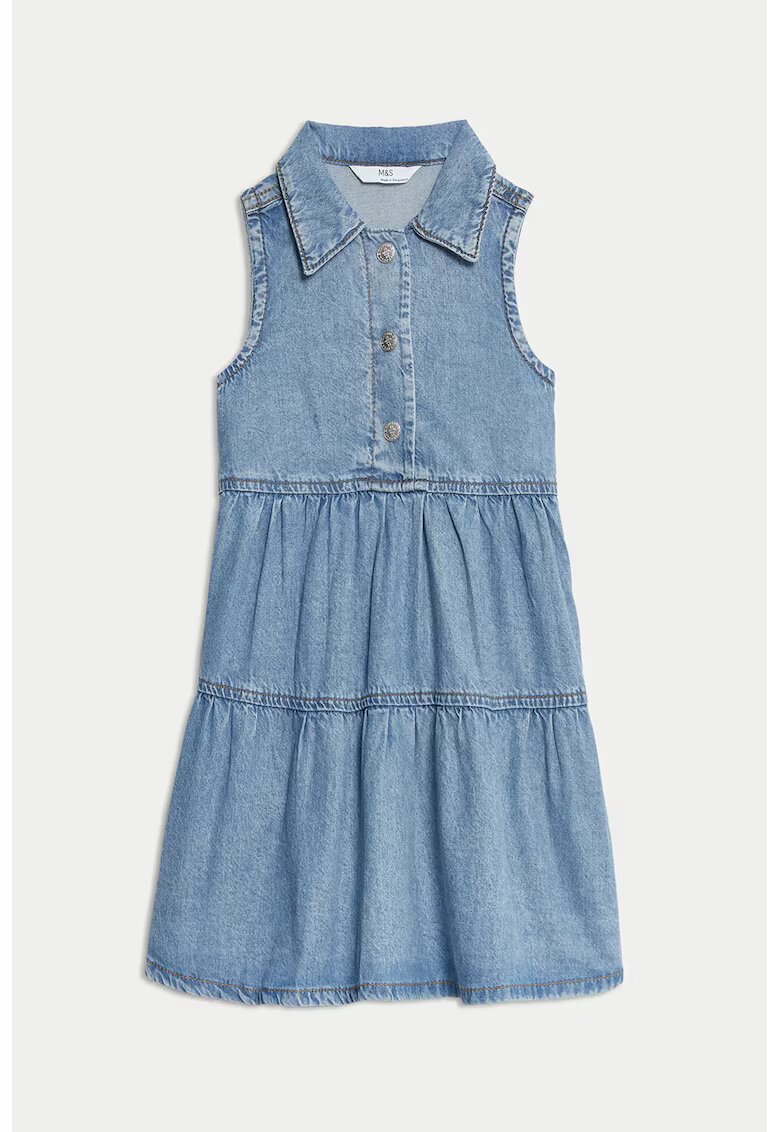 Marks  Spencer Rochie evazata de bumbac si lyocell cu guler ascutit - Albastru inchis
