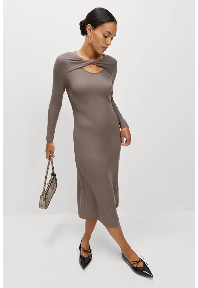 Marks  Spencer Rochie midi striata cu maneci lungi si decolteu rasucit - Maro taupe