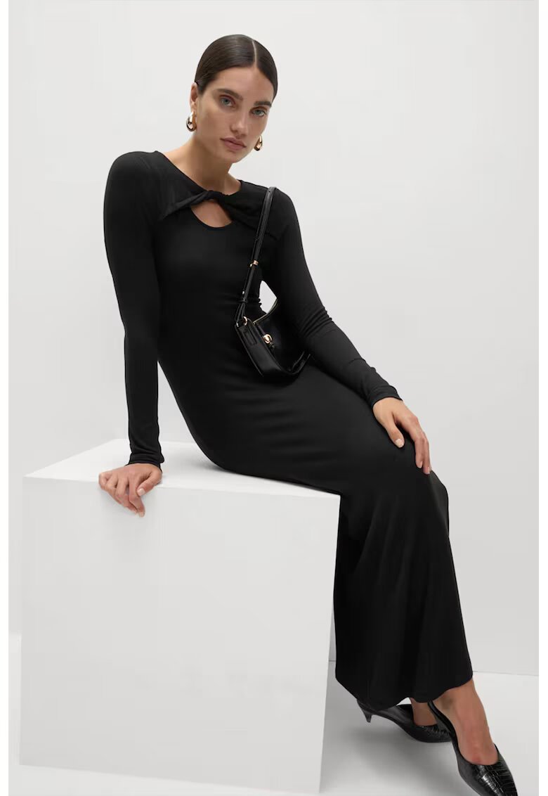 Marks  Spencer Rochie midi striata cu maneci lungi si decolteu rasucit - Negru