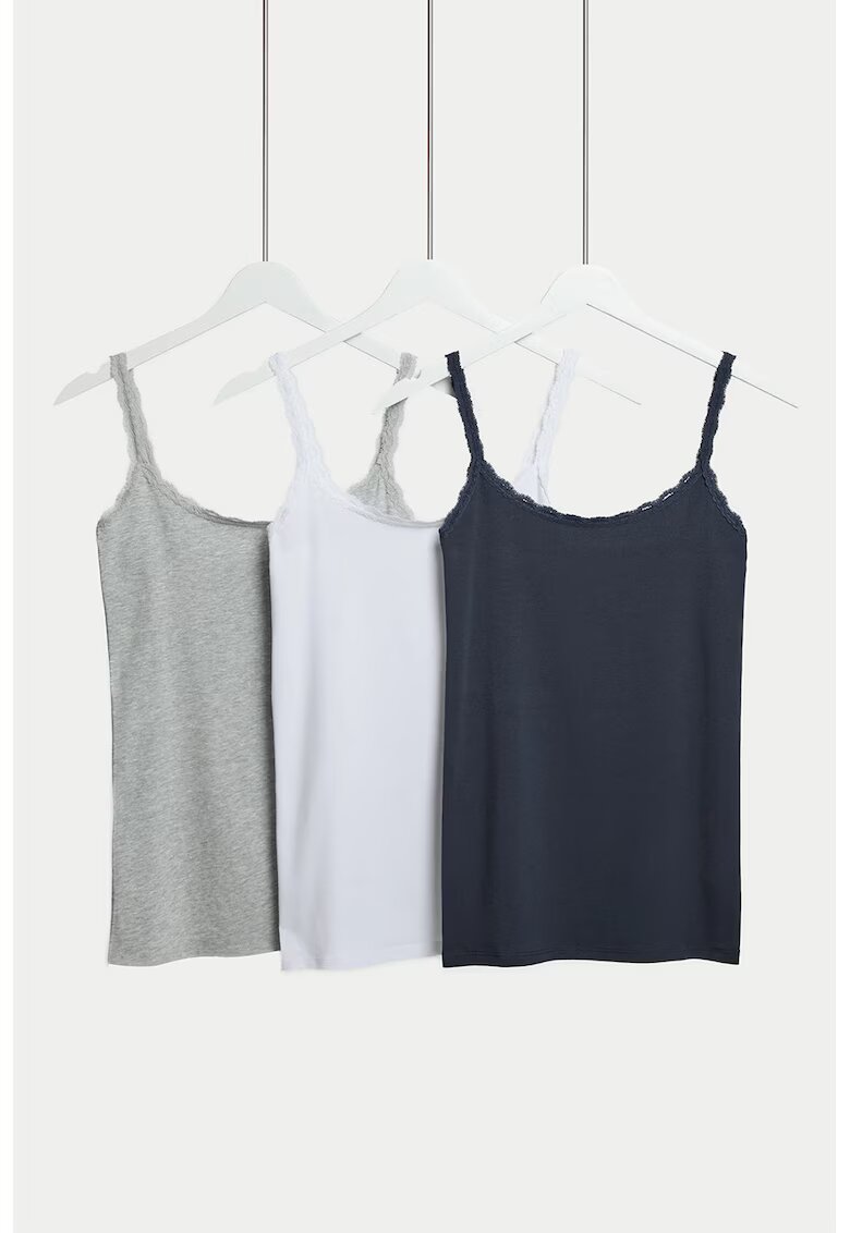 Marks & Spencer Set de 3 piese de top-uri de casa cu insertii din dantela - Alb/Gri/Bleumarin