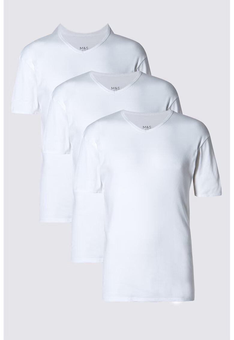 Marks  Spencer Set de 3 tricouri cu decolteu in V - Alb