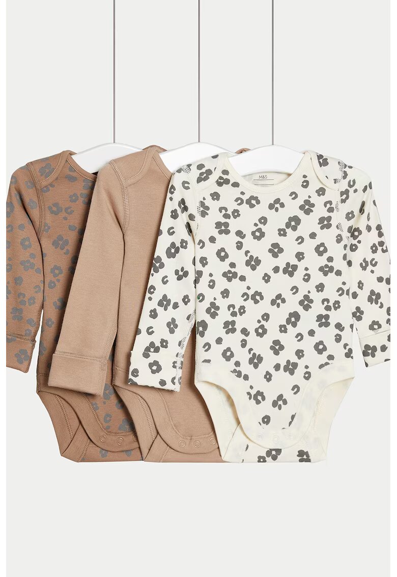 Marks & Spencer Set de body-uri cu model floral - 3 piese - Alb/Maro deschis/Gri inchis