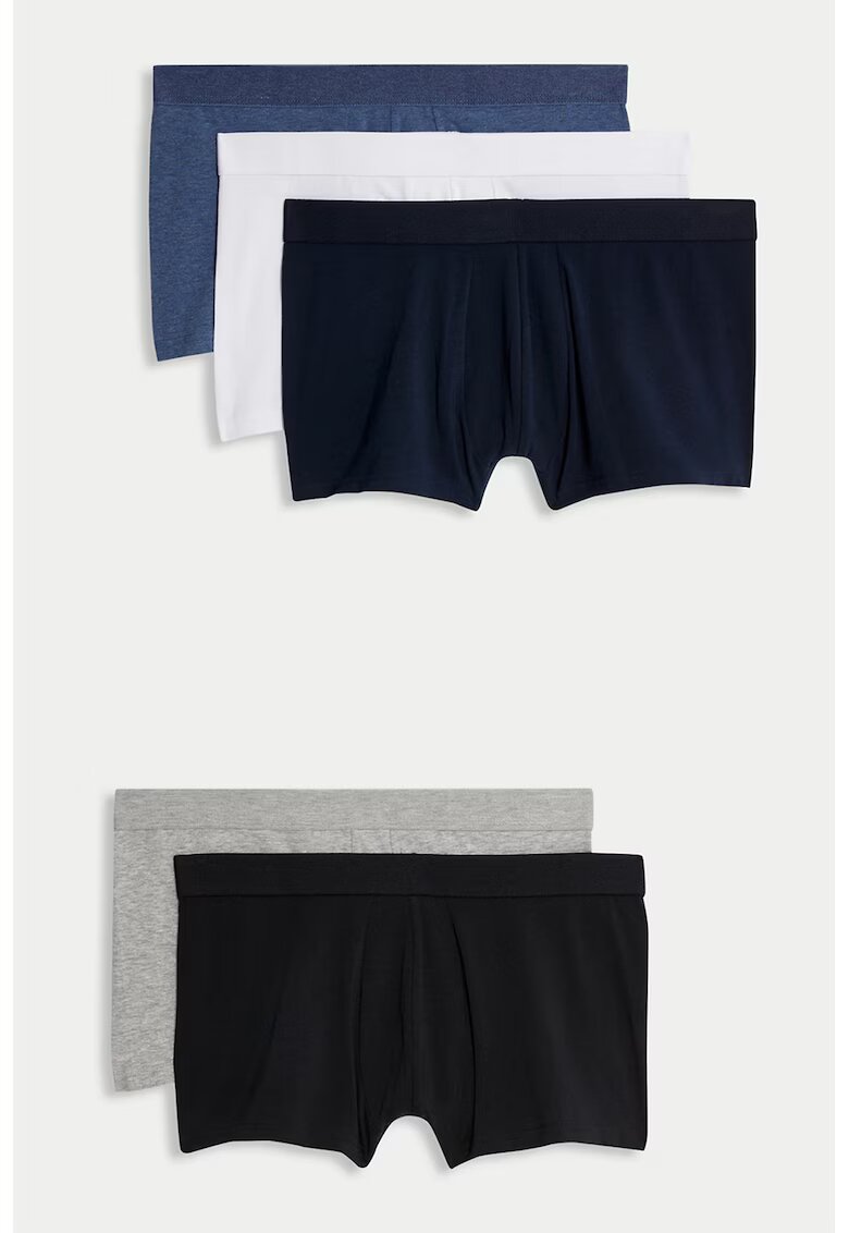 Marks  Spencer Set de boxeri cu talie elastica - 5 perechi - Alb/Albastru prafuit/Bleumarin
