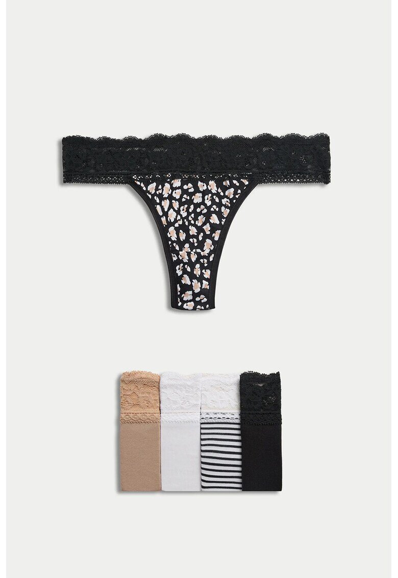 Marks  Spencer Set de chiloti tanga cu garnituri de dantela - 5 perechi - Alb/Negru