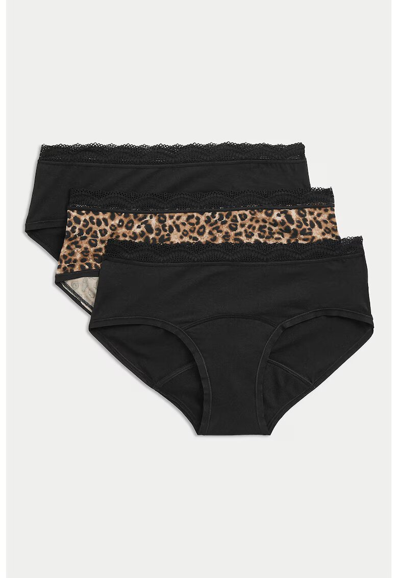 Marks  Spencer Set de chiloti uni si cu imprimeu - 3 perechi - Negru/Maro