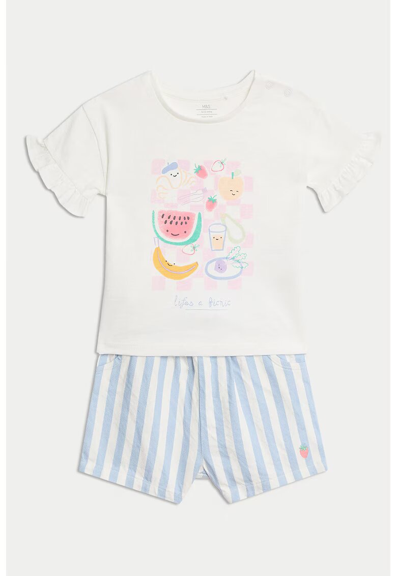 Marks  Spencer Set de pantaloni scurti si tricou din bumbac - Albastru pastel/Roz pastel/Alb murdar