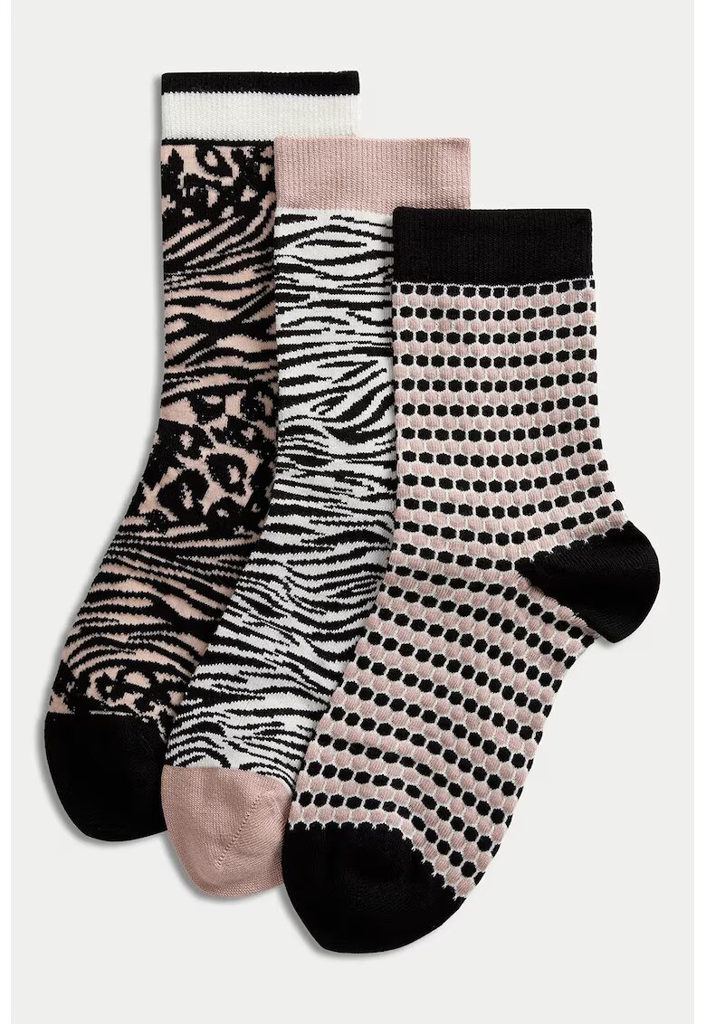 Marks  Spencer Set de sosete scurte cu animal print - 3 perechi - Negru/Bej
