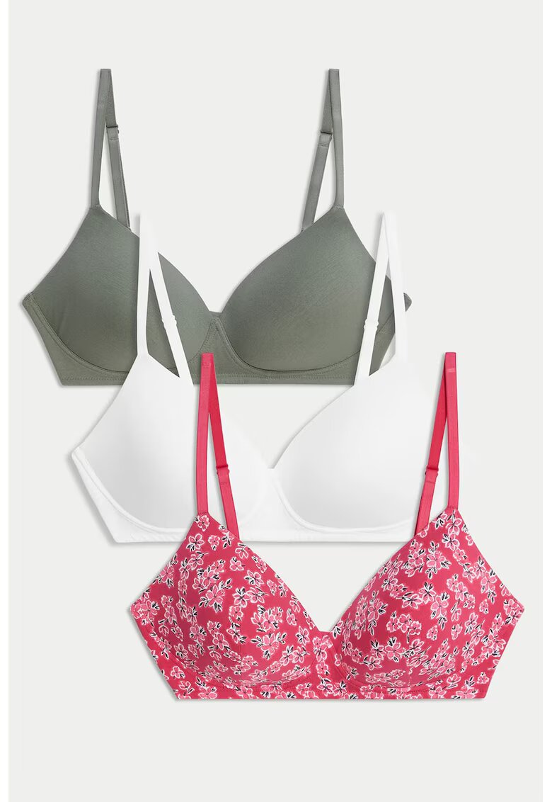 Marks  Spencer Set de sutiene cu burete - 3 piese - Rosu/Alb/Verde feriga