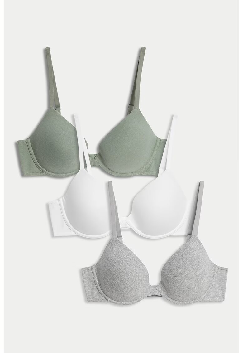 Marks  Spencer Set de sutiene cu decolteu adanc si sustinere metalica - 3 piese - Alb/Verde/Gri