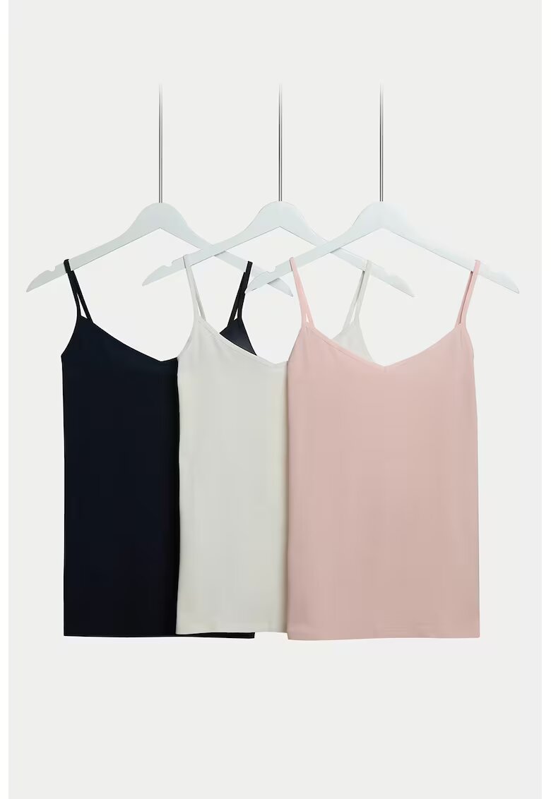 Marks  Spencer Set de topuri cu decolteu in V - 3 piese - Albastru ultramarin/Alb murdar/Roz prafuit