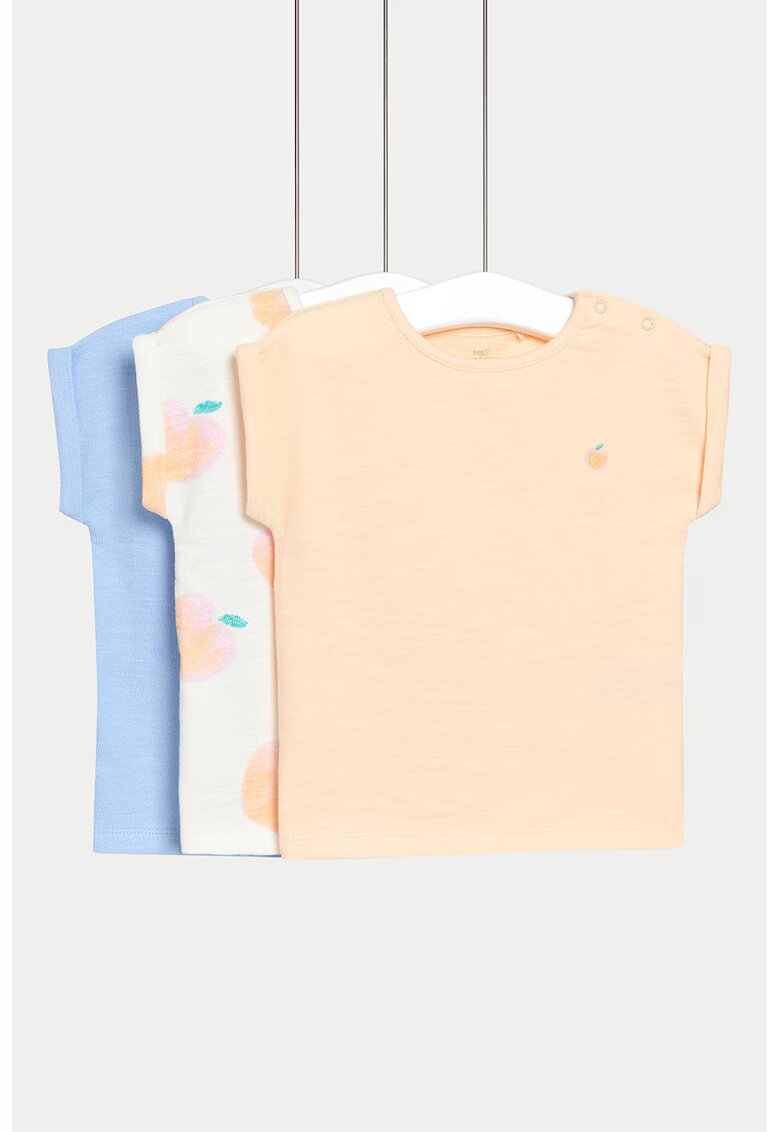 Marks  Spencer Set de tricou din bumbac - 3 piese - Albastru pastel/Piersica/Alb murdar