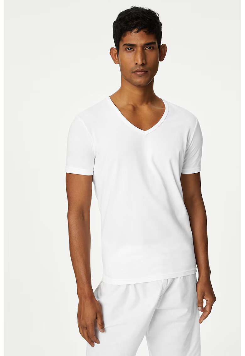 Marks  Spencer Set de tricouri de casa cu decolteu in V - 3 piese - Alb