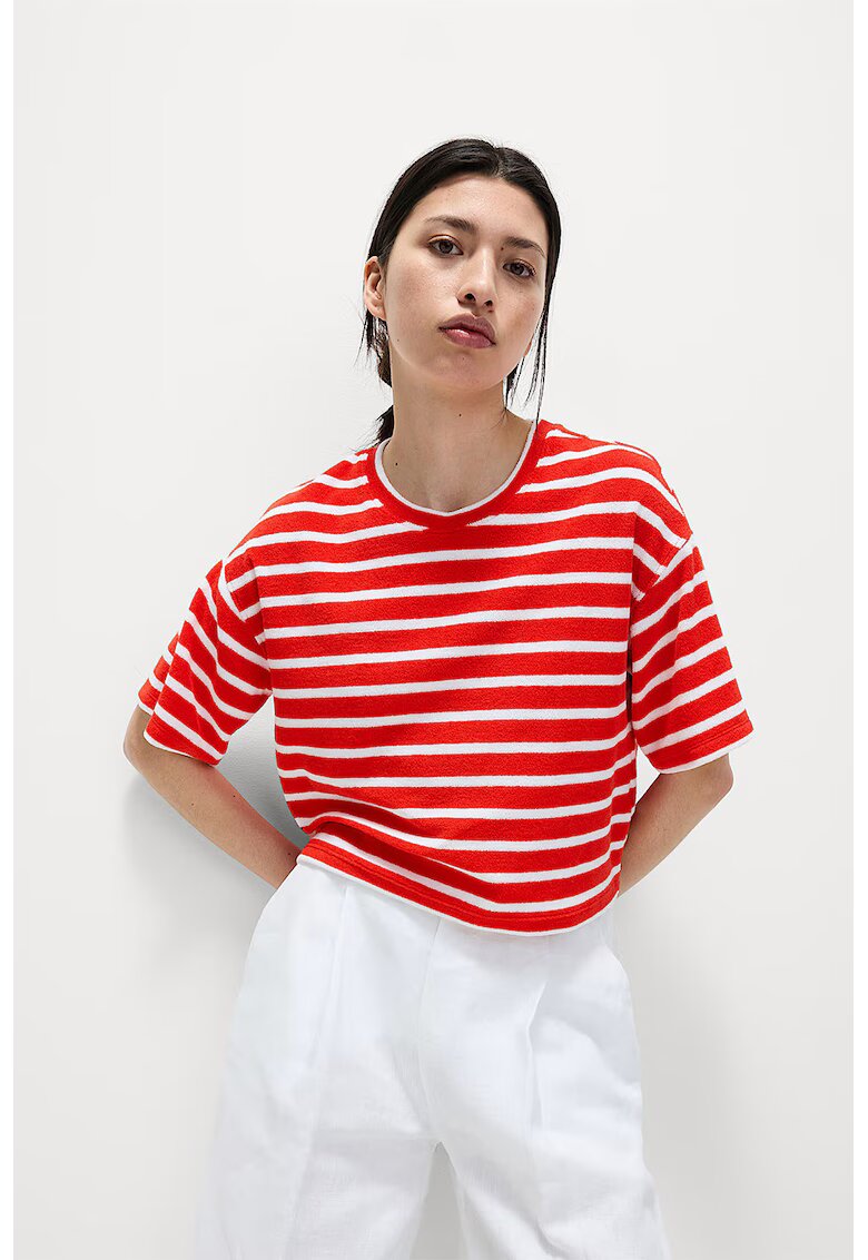 Marks  Spencer Tricou crop cu model in dungi - Alb/Rosu vermillion