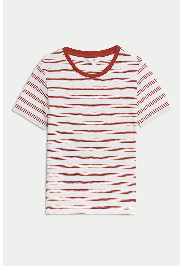 Marks  Spencer Tricou cu decolteu rotund si model in dungi - Maro/Alb murdar