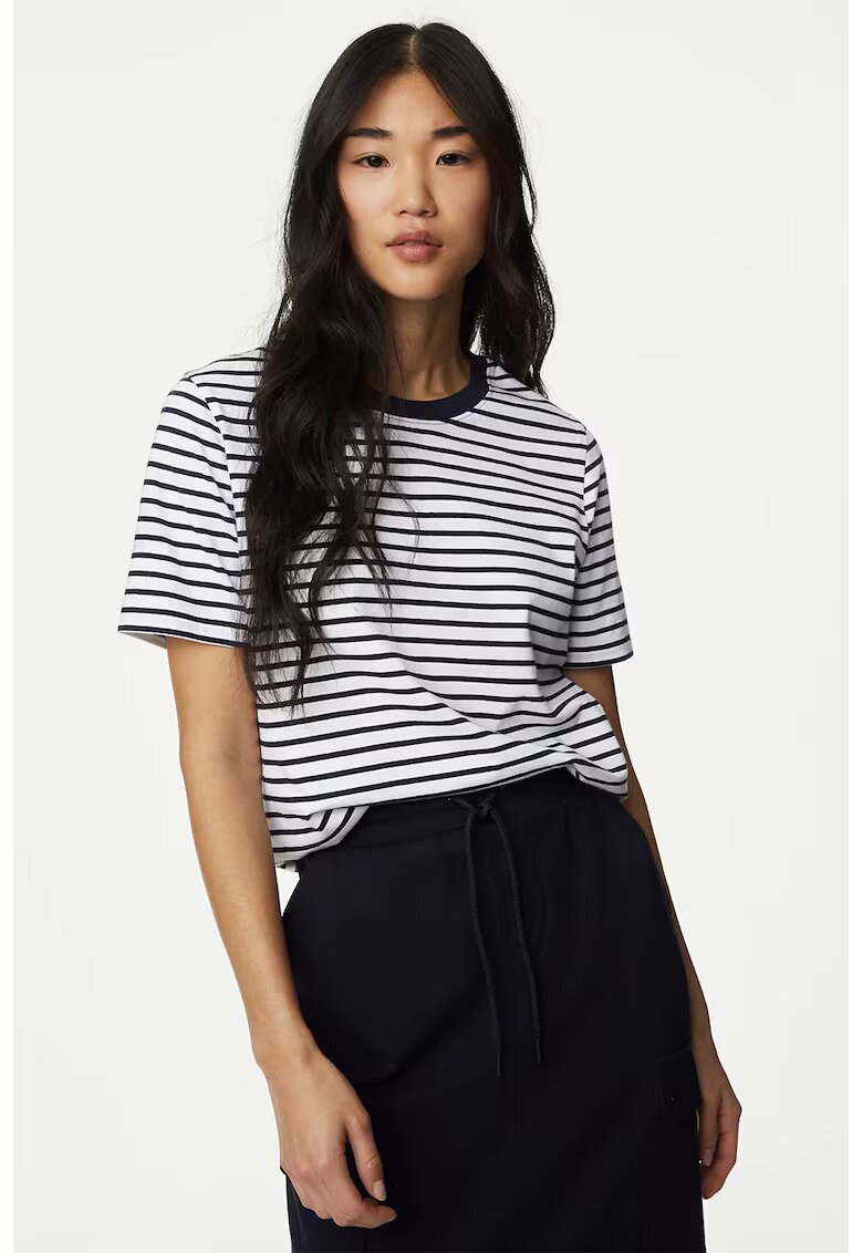 Marks & Spencer Tricou regular fit din bumbac - Alb/Bleumarin