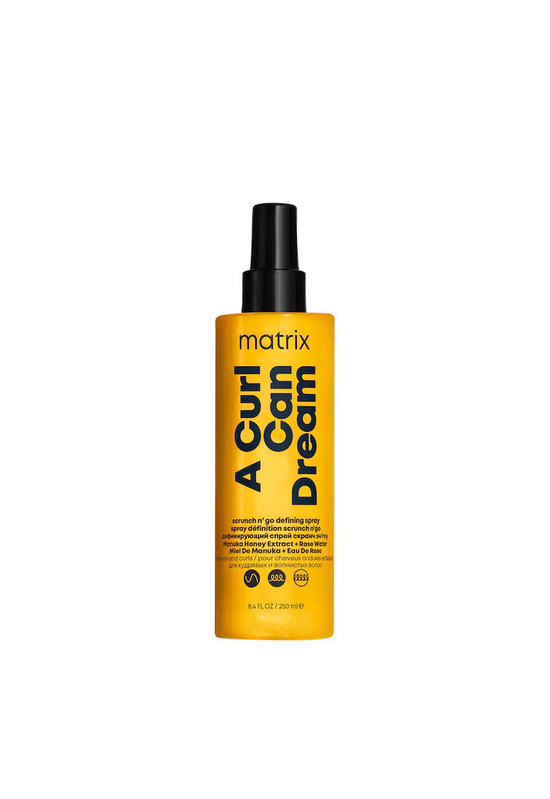 Matrix Spray pentru definire bucle A Curl Can Dream Scrunch N' Go cu textura lejera pentru parul ondulat - contine extract de miere de manuka si apa de trandafiri - ofera protectie termica si ati frizz pana la 48h - 250ml