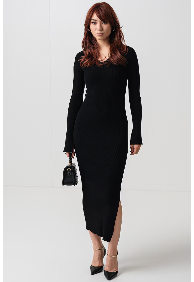 MaxCo Rochie cambrata striata si slit lateral - Negru