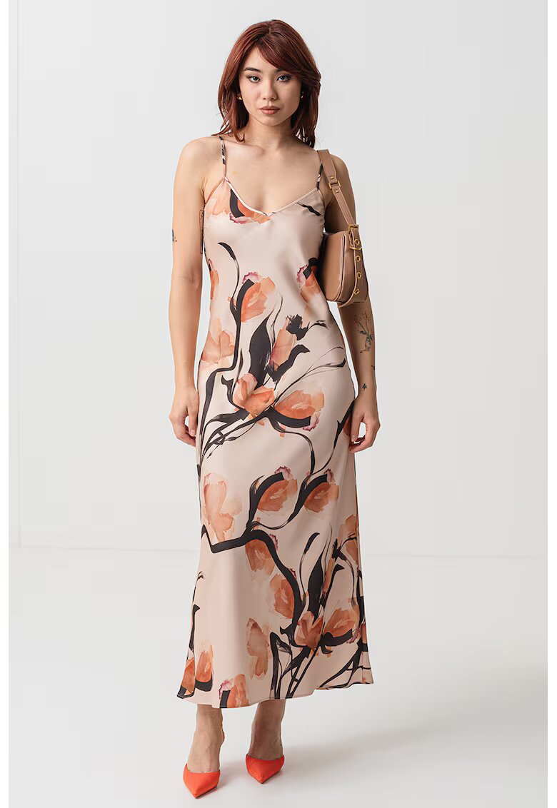 MaxCo Rochie cu model floral si decolteu in V - Negru/Portocaliu persan