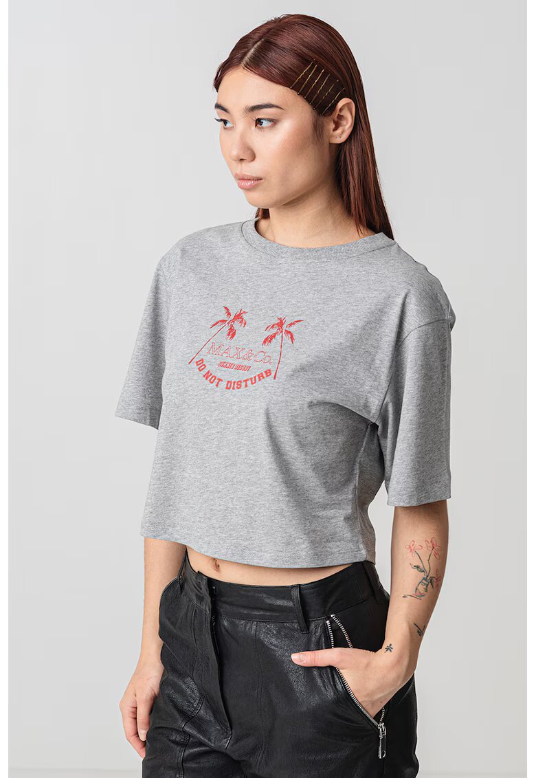 MaxCo Tricou crop cu imprimeu text Babele - Gri deschis
