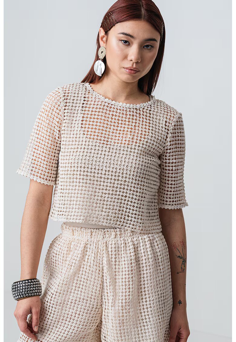 MaxCo Tricou crop cu perforatii Faville - Bej deschis