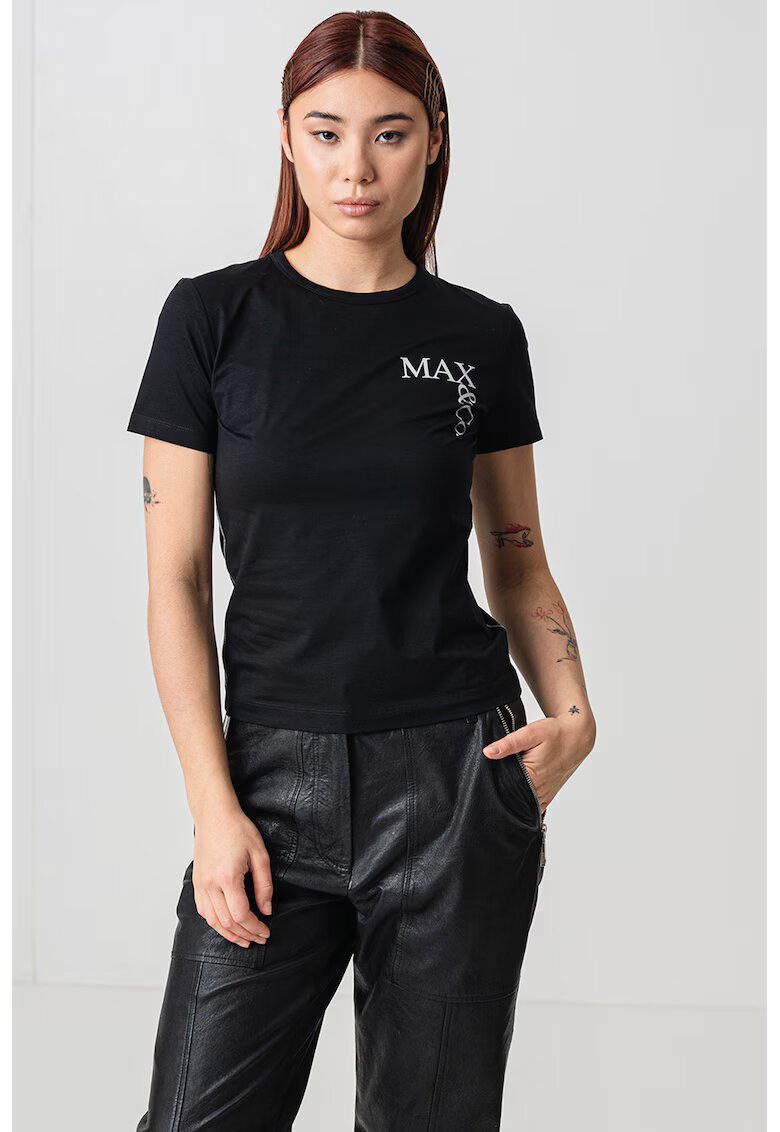 MaxCo Tricou cu decolteu rotund si imprimeu logo - Negru