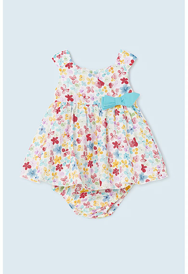 Mayoral Rochie cu model floral si funda - Alb/Turcoaz/Roz
