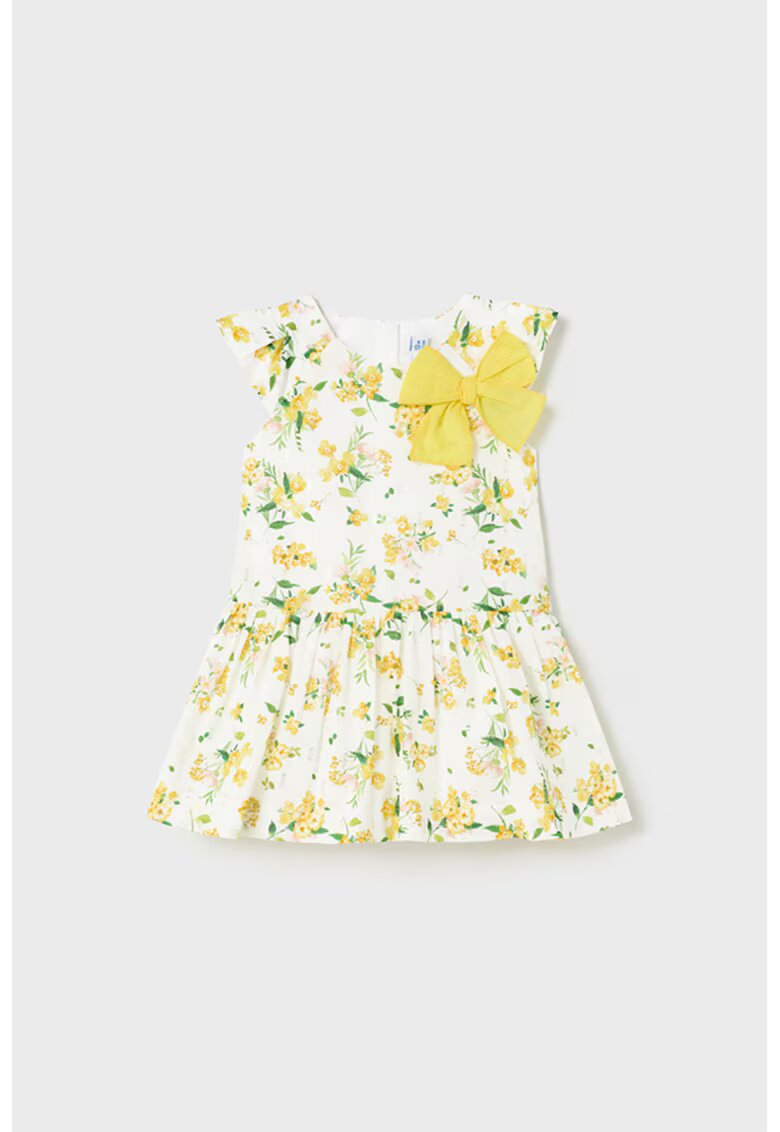 Mayoral Rochie evazata cu model floral si aplicati funda - Alb/Galben