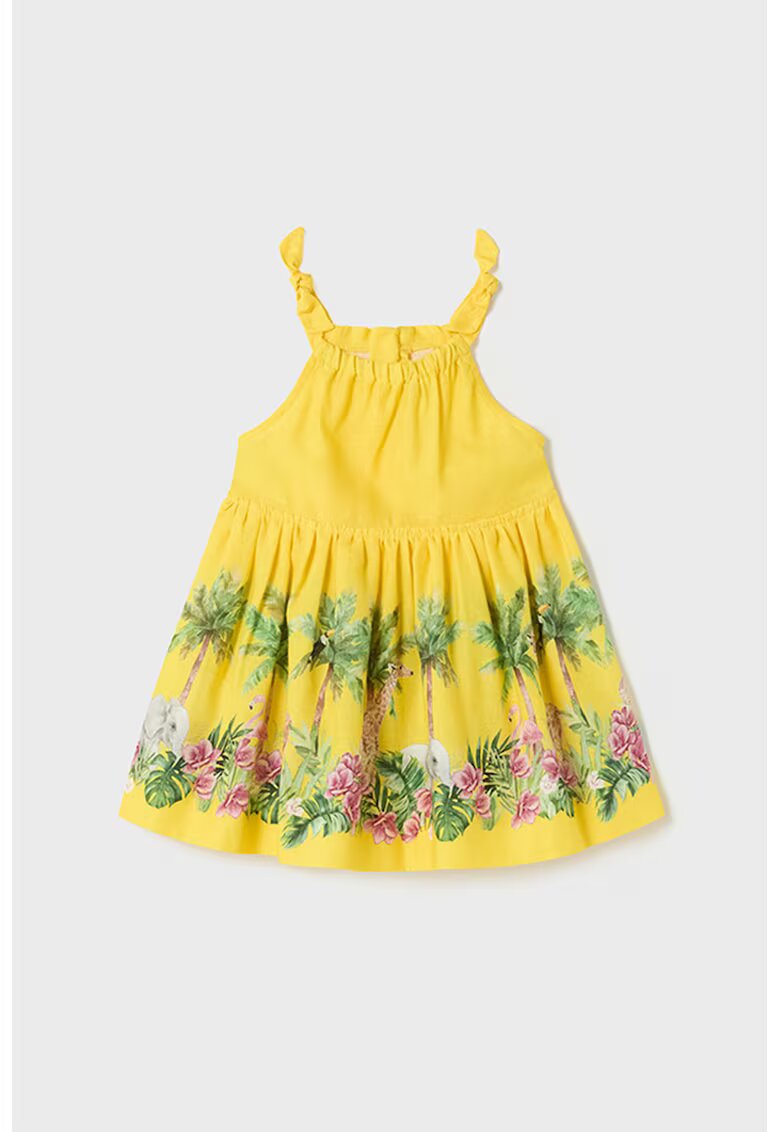 Mayoral Rochie evazata din amestec de in cu model tropical - Galben sofran