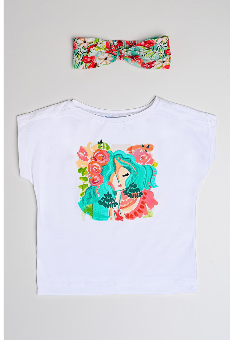 Mayoral Set de bentita si tricou cu imprimeu grafic - 2 piese - Roz somon/Alb optic/Verde persan
