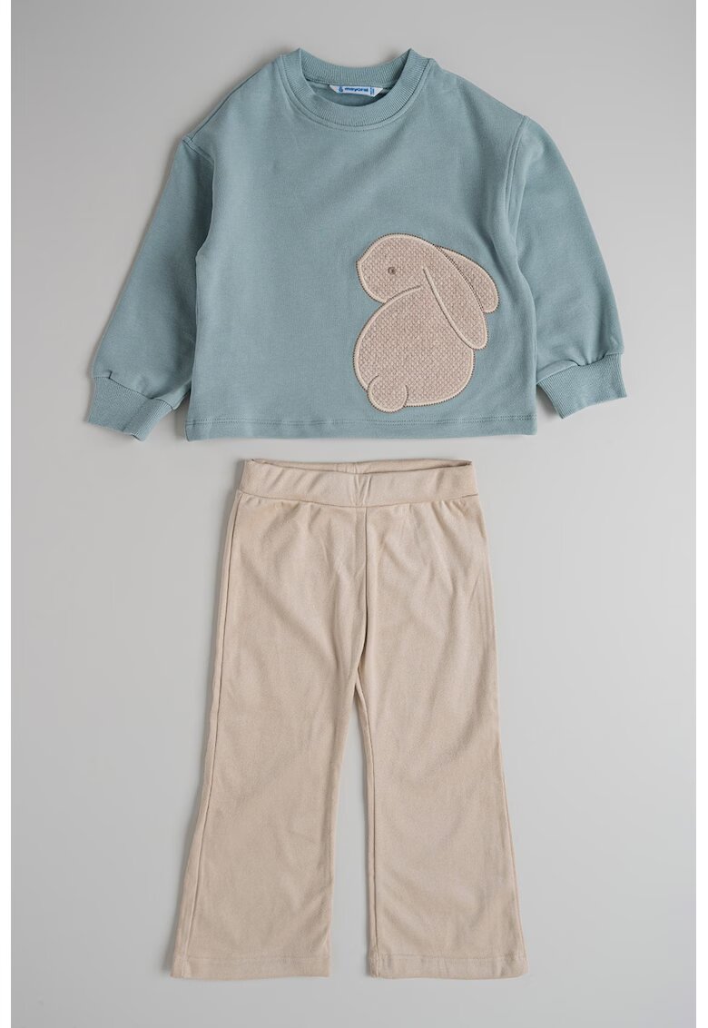 Mayoral Set de bluza de trening cu iepure brodat si pantaloni - 2 piese - Alb fildes/Turcoaz