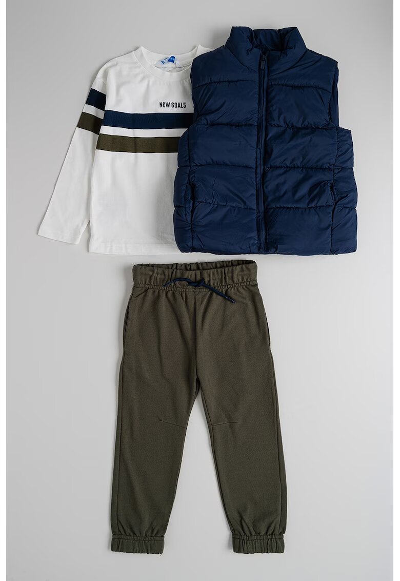 Mayoral Set de bluza - pantaloni de trening si vesta - 3 piese - Alb/Kaki inchis/Bleumarin