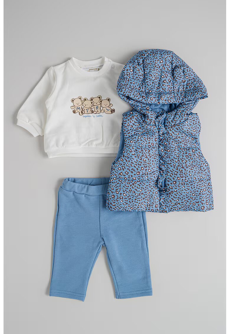 Mayoral Set de bluza - pantaloni si vesta cu model - 3 piese - Alb fildes/Maro/Albastru lavanda