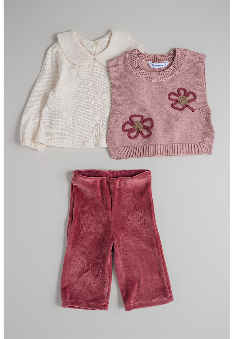 Mayoral Set de bluza - pantaloni si vesta tricotate - 3 piese - Alb/Roz prafuit