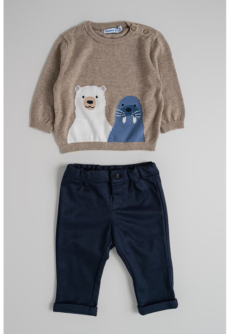 Mayoral Set de pulover cu model si pantaloni - 2 piese - Alb/Albastru ultramarin/Maro deschis melange