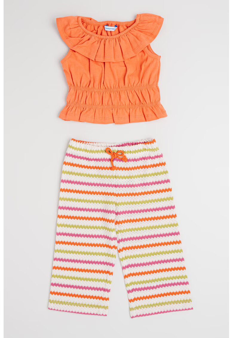 Mayoral Set de top cu volane si pantaloni drepti cu model - Alb/Coral/Verde lime