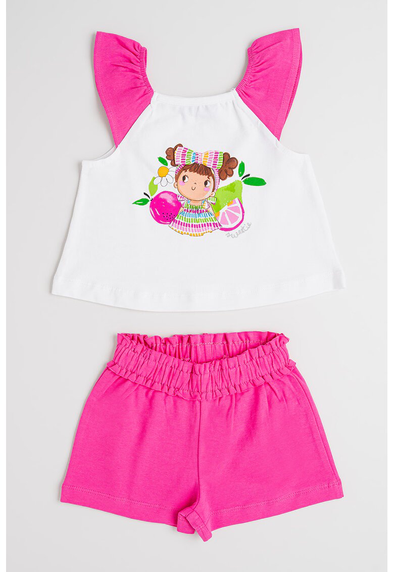 Mayoral Set de top din amestec de bumbac cu model si pantaloni scurti - Alb/Fucsia
