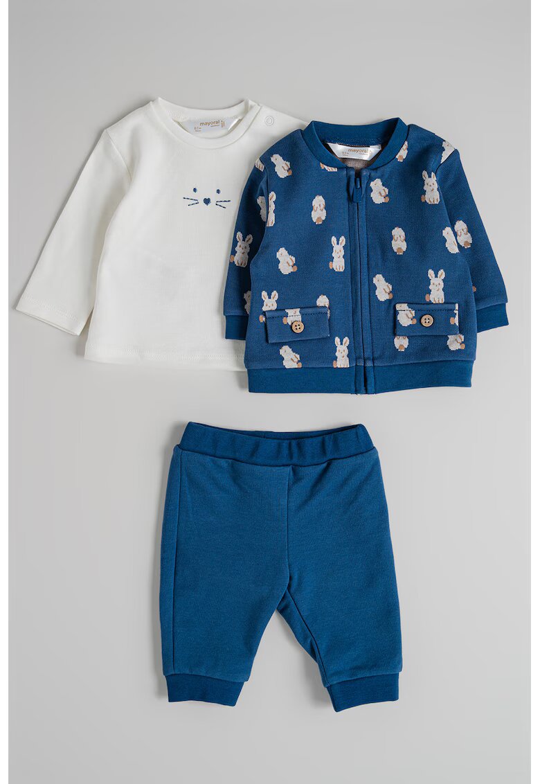 Mayoral Set de trening cu model iepure si bluza - 3 piese - Albastru inchis/Maro deschis/Alb murdar