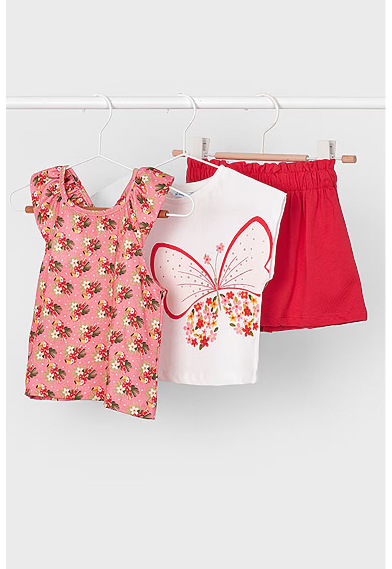 Mayoral Set de tricou cu imprimeu - rochie si fusta - 3 piese - Rosu/Alb/Roz