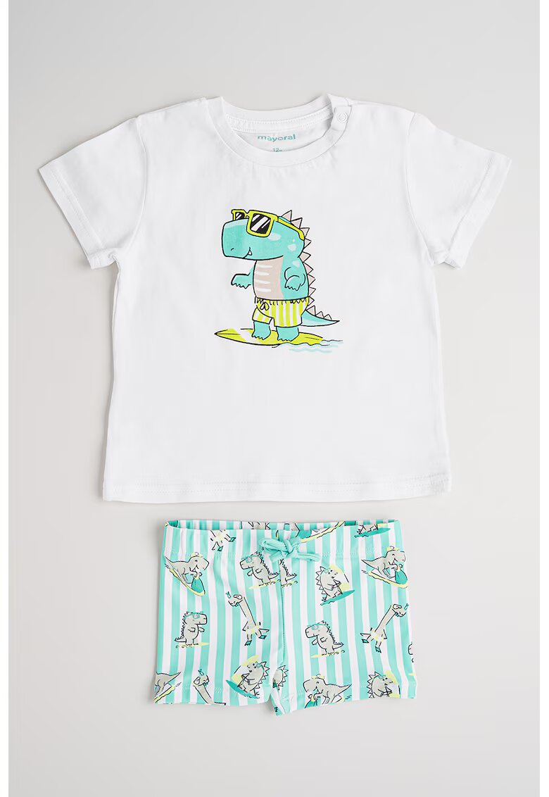 Mayoral Set de tricou cu si pantaloni scurti de baie cu imprimeu - 2 piese - Alb optic/Verde menta