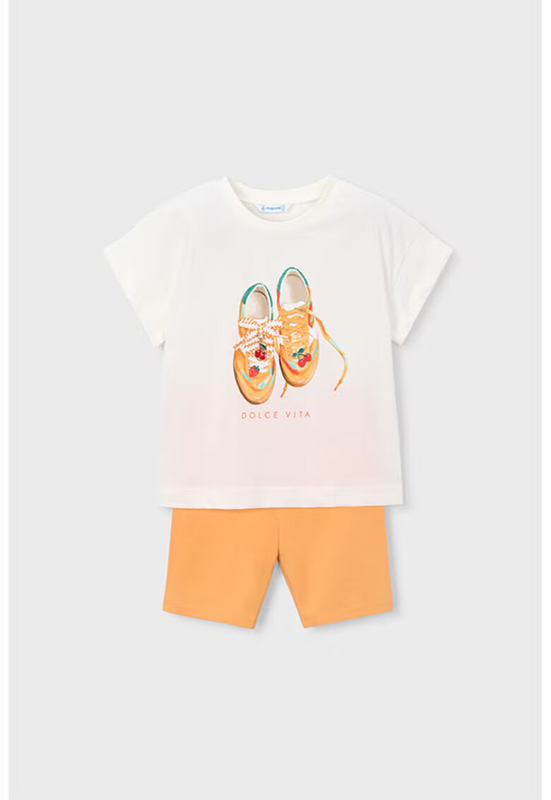 Mayoral Set de tricou de bumbac si colanti scurti - Portocaliu pal/Alb murdar