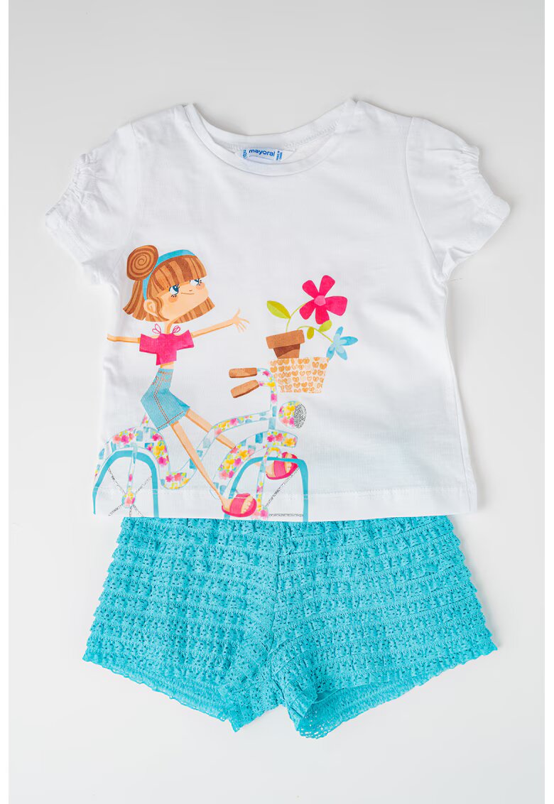Mayoral Set de tricou de bumbac si pantaloni scurti - 2 piese - Alb/Verde/Mint