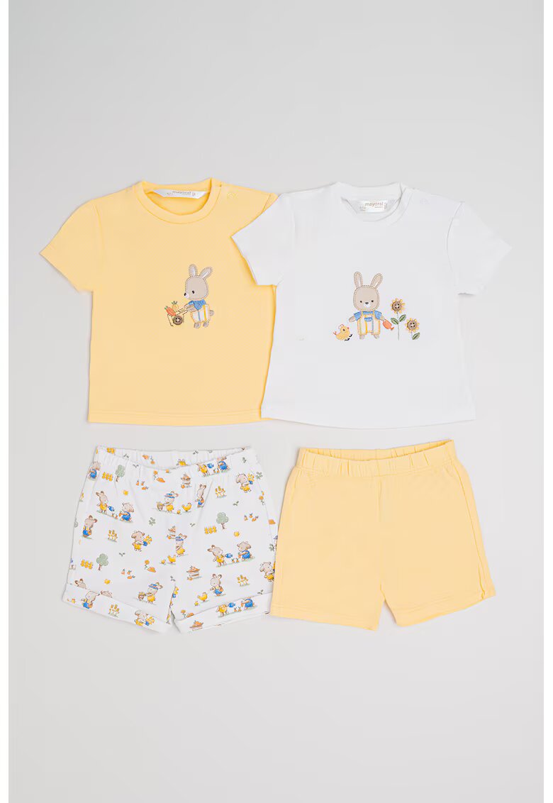 Mayoral Set de tricouri si pantaloni scurti cu detalii metalizate - 4 Piese - Alb/Galben