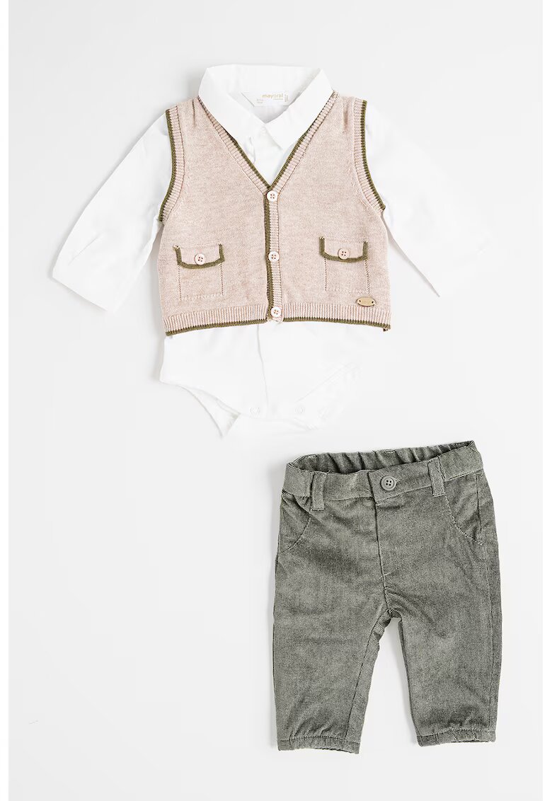 Mayoral Set de vesta - camasa si pantaloni - Alb/Gri/Maro taupe deschis