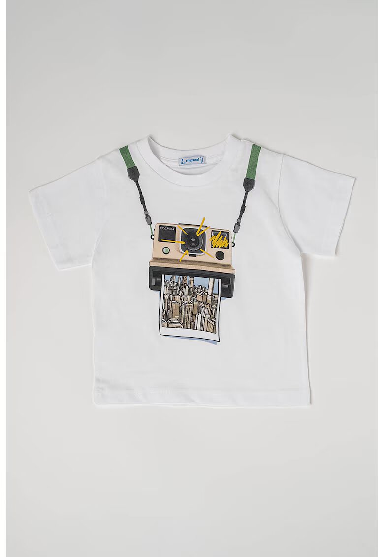 Mayoral Tricou de bumbac cu decolteu la baza gatului si imprimeu grafic - Alb/Maro deschis