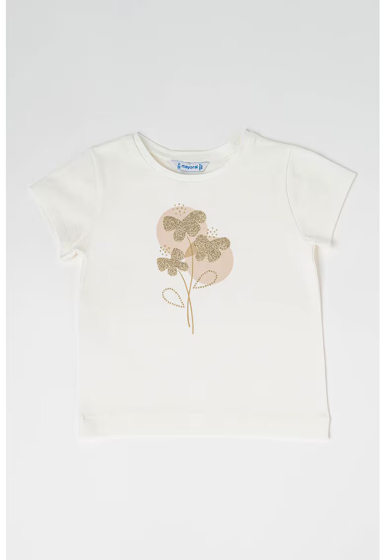 Mayoral Tricou din amestec de bumbac cu broderie - Alb/Maro deschis