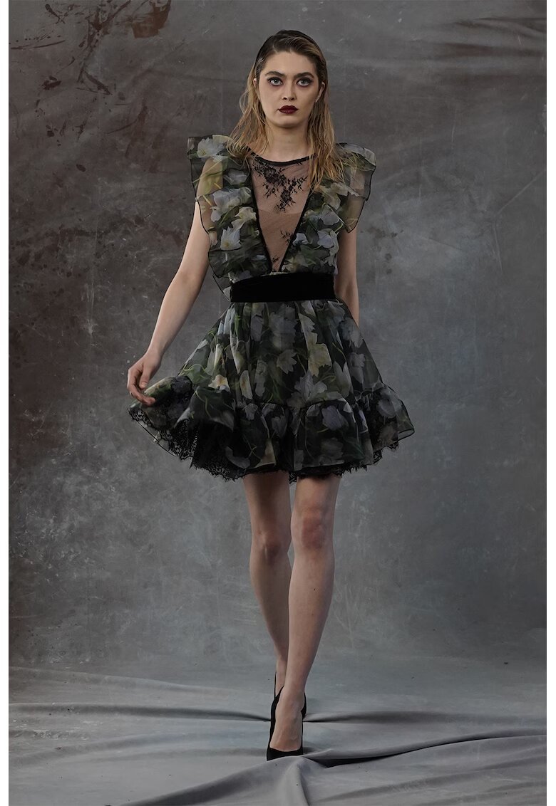 MIAU by Clara Rotescu Rochie cu imprimeu floral si garnituri de dantela - Verde/Negru/Albastru prafuit