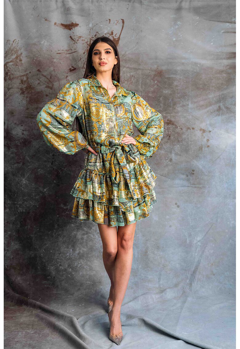 MIAU by Clara Rotescu Rochie de matase cu model Twila - Auriu/Verde pal/Maro deschis