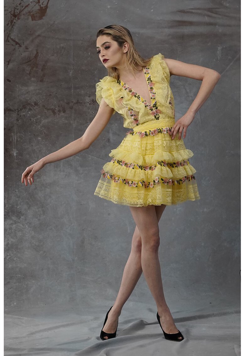 MIAU by Clara Rotescu Rochie din tul cu detalii florale Lula - Galben