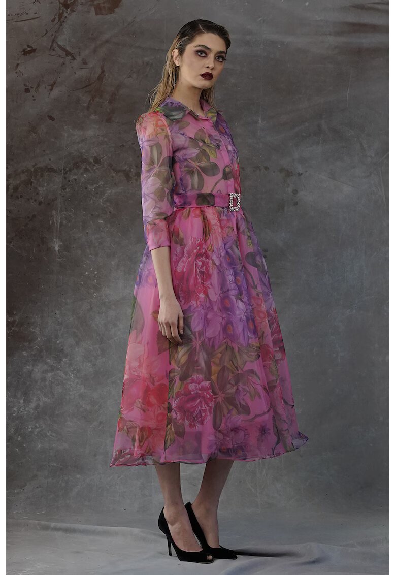 MIAU by Clara Rotescu Rochie evazata cu strat exterior semitransparent Colibri - Violet/Kaki/Roz