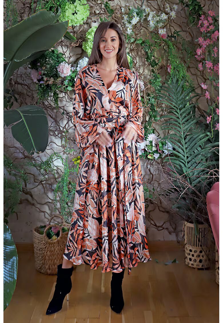 MIAU by Clara Rotescu Rochie midi din amestec de matase Cremona - Portocaliu/Bleumarin